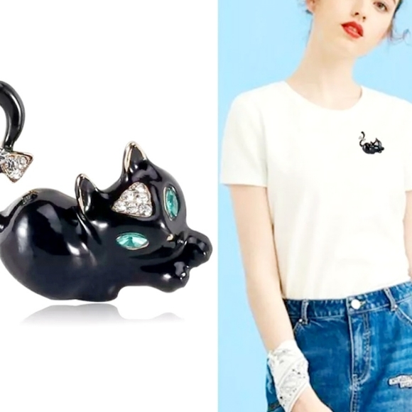 2 new gold plated black-and-white green crystal cat bow necklace/brooches - Picture 15 of 16